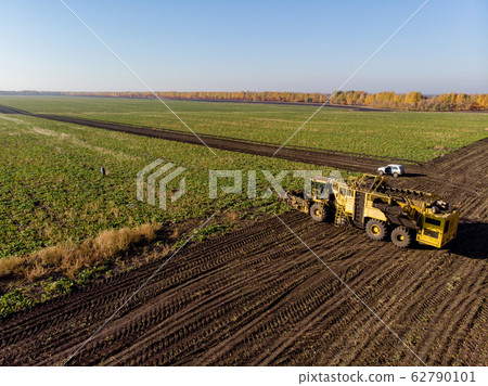 Harvesting sugar beet field machinery height during day Harvesting sugar beet field machinery height during day 62790101