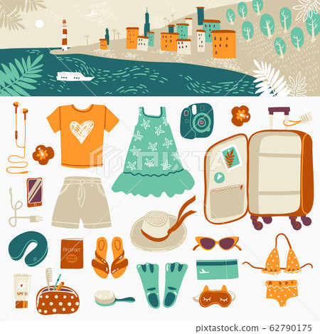 Travel illustrations elements, packing the suitcase on vacation at sea and horizontal landscape header. Travel illustrations elements, packing the suitcase on vacation at sea and horizontal landscape header. 62790175