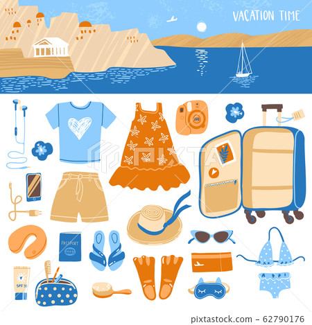 Travel illustrations elements, packing the suitcase on vacation at sea and horizontal landscape header. Travel illustrations elements, packing the suitcase on vacation at sea and horizontal landscape header. 62790176