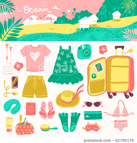 Travel illustrations elements, packing the suitcase on vacation at sea and horizontal landscape header. Travel illustrations elements, packing the suitcase on vacation at sea and horizontal landscape header. 62790178
