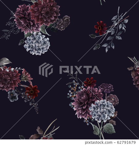 Beautiful vector seamless pattern with watercolor dark blue, red and black dahlia hydrangea flowers. Stock illustration. Beautiful vector seamless pattern with watercolor dark blue, red and black dahlia hydrangea flowers. Stock illustration. 62791679