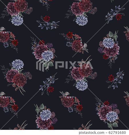 Beautiful vector seamless pattern with watercolor dark blue, red and black dahlia hydrangea flowers. Stock illustration. 62791680
