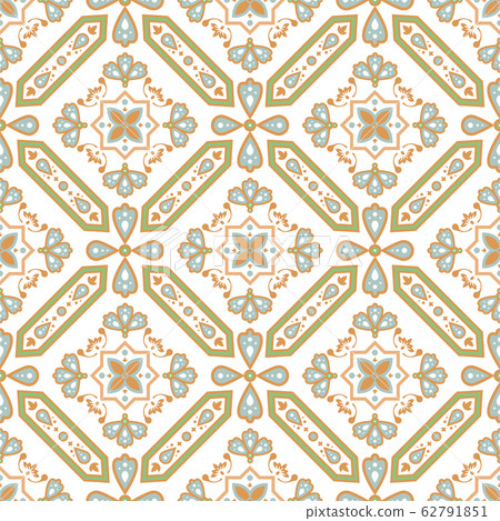Decorative tile seamless pattern. Mediterranean ceramic tiles design with rhombuses shapes and swirls. Decorative tile seamless pattern. Mediterranean ceramic tiles design with rhombuses shapes and swirls. 62791851