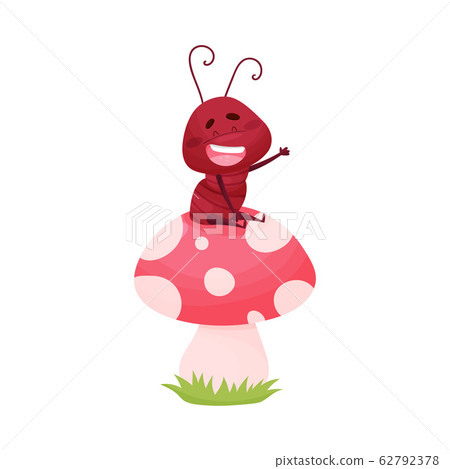 Cartoon Ant Character Sitting on Mushroom and Waving Paw Isolated on White Background Vector Illustration Cartoon Ant Character Sitting on Mushroom and Waving Paw Isolated on White Background Vector Illustration 62792378