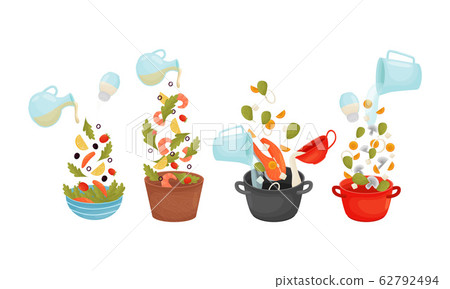 Cooking Process with Dressing Salad and Making Soup Vector Set 62792494