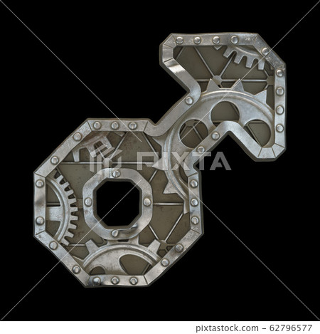 Mechanical alphabet made from rivet metal with gears on black background. Symbol male. 3D Mechanical alphabet made from rivet metal with gears on black background. Symbol male. 3D 62796577
