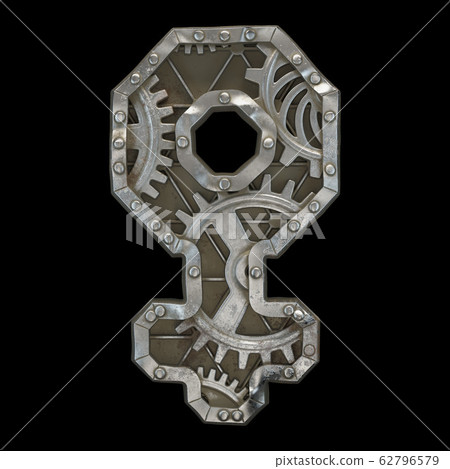 Mechanical alphabet made from rivet metal with gears on black background. Symbol Female. 3D Mechanical alphabet made from rivet metal with gears on black background. Symbol Female. 3D 62796579