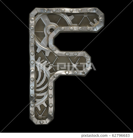Mechanical alphabet made from rivet metal with gears on black background. Letter F. 3D Mechanical alphabet made from rivet metal with gears on black background. Letter F. 3D 62796683