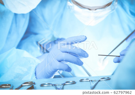Close-up of medical team performing operation. Group of surgeons at work are busy of patient. Medicine, veterinary or healthcare and emergency in hospital 62797962