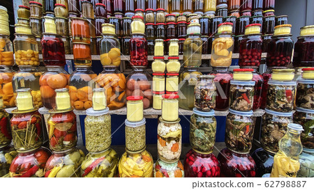 Glass jars with vegetables and fruits in Tbilisi Glass jars with vegetables and fruits in Tbilisi 62798887