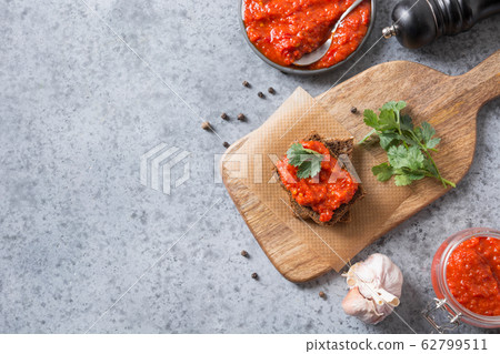 Toast of bread with ajvar.Vegetable pasta of pepper 62799511