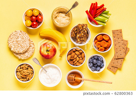 Healthy snack concept, top view. Healthy snack concept, top view. 62800363