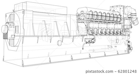 Generator. Diesel and gas industrial electric generator. The layers of visible and invisible lines are separated. Wire-frame outline Generator. Diesel and gas industrial electric generator. The layers of visible and invisible lines are separated. Wire-frame outline 62801248