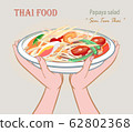 Two hands lifting a plate of Thai folk food, papaya salad. 62802368