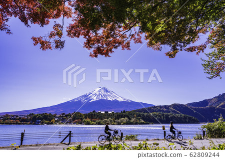 （山梨縣）富士山與人們享受秋天的落葉川口湖和湖邊騎自行車 62809244