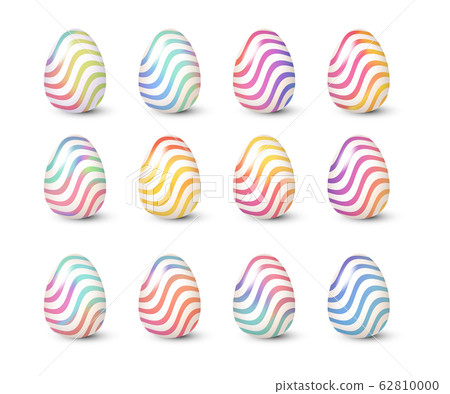 Easter eggs set, 3d realistic gradient with waves zigzag. Vector illustration. Easter eggs set, 3d realistic gradient with waves zigzag. Vector illustration. 62810000
