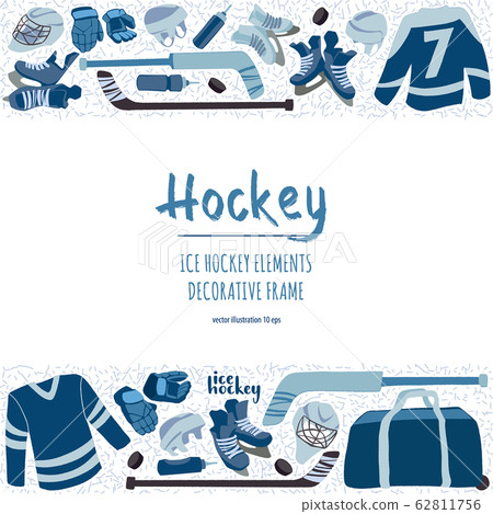 Ice Hockey hand drawn pattern decorative border. Puck, equipment of hockey player with hockey-stick. Ice Hockey hand drawn pattern decorative border. Puck, equipment of hockey player with hockey-stick. 62811756