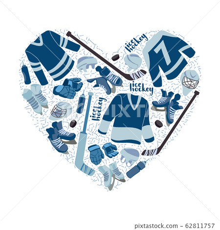 Ice Hockey hand drawn pattern heart shape. Puck, equipment of hockey player with hockey-stick.  62811757