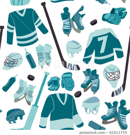 Ice Hockey seamless hand drawn pattern. Puck, equipment of hockey player with hockey-stick. Ice Hockey seamless hand drawn pattern. Puck, equipment of hockey player with hockey-stick. 62811759