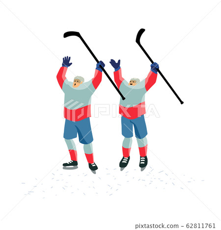 Ice hockey players celebrate the goal. Team holding sticks above their heads. Cartoon characters with a cup. Ice hockey players celebrate the goal. Team holding sticks above their heads. Cartoon characters with a cup. 62811761