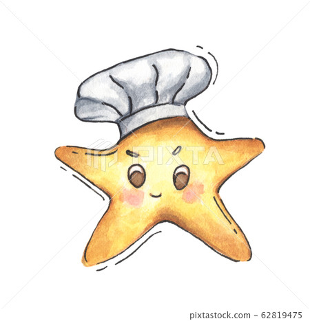 Yellow star in white chef hat. Watercolor illustration. Uniform headgear items. 62819475