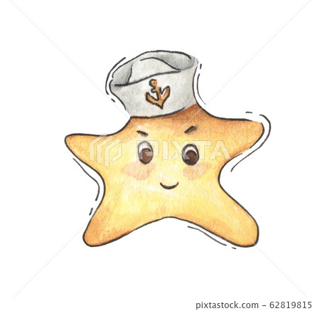 Yellow star in sailor cap. Watercolor illustration. Uniform headgear items. Yellow star in sailor cap. Watercolor illustration. Uniform headgear items. 62819815