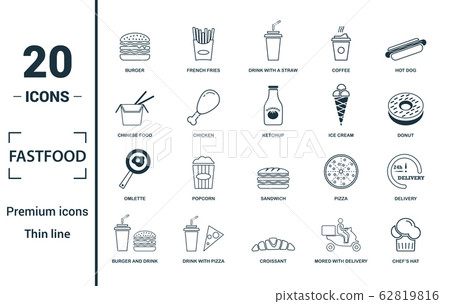 Fastfood icon set. Include creative elements burger, drink with a straw, donuts, chicken leg, delivery icons. Can be used for report, presentation, diagram, web design Fastfood icon set. Include creative elements burger, drink with a straw, donuts, chicken leg, delivery icons. Can be used for report, presentation, diagram, web design 62819816