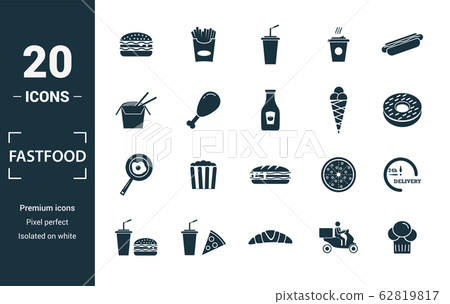 Fastfood icon set. Include creative elements burger, drink with a straw, donuts, chicken leg, delivery icons. Can be used for report, presentation, diagram, web design 62819817