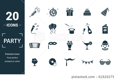 Party Icon icon set. Include creative elements flapper with confetti, gift, karaoke, champagne, harmonic icons. Can be used for report, presentation, diagram, web design Party Icon icon set. Include creative elements flapper with confetti, gift, karaoke, champagne, harmonic icons. Can be used for report, presentation, diagram, web design 62820275