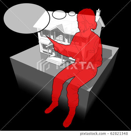 diagram of a classic colonial house and sitting woman reading paper in front of it  with comic thought bubble  62821348