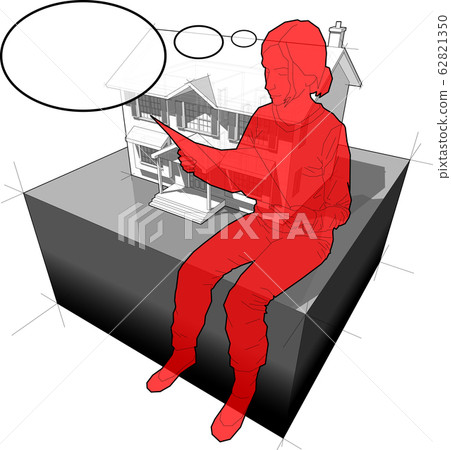 diagram of a classic colonial house and sitting woman reading paper in front of it  with comic thought bubble  62821350