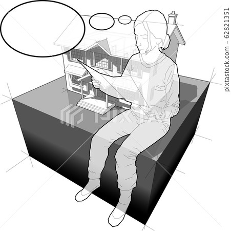 diagram of a classic colonial house and sitting woman reading paper in front of it  with comic thought bubble  62821351
