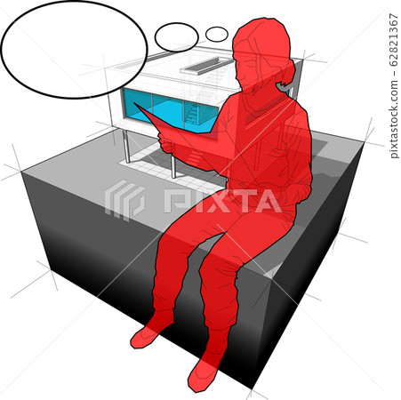 diagram of a modern house and sitting woman reading paper in front of it with comic thought bubble diagram of a modern house and sitting woman reading paper in front of it with comic thought bubble 62821367