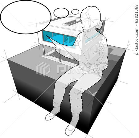 diagram of a modern house and sitting woman reading paper in front of it with comic thought bubble  62821368