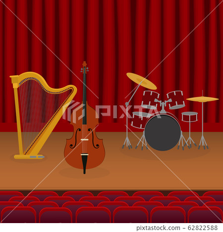 Musical instruments stand on stage for musical concert, ensemble performances with live sound vector illustration. Harp, double bass, drum kit. Empty auditorium. 62822588