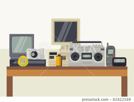 Vintage retro audio video electronic devices gadgets vector illustration. Vintage retro audio video electronic devices gadgets vector illustration. 62822589