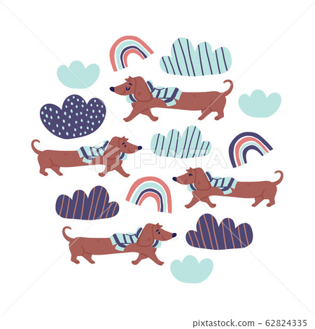 Circle illustration - cute dachshund dogs rainbows 62824335