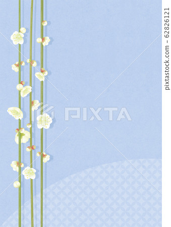 Japanese-style background with white plum blossoms and Japanese patterns, blue 62826121