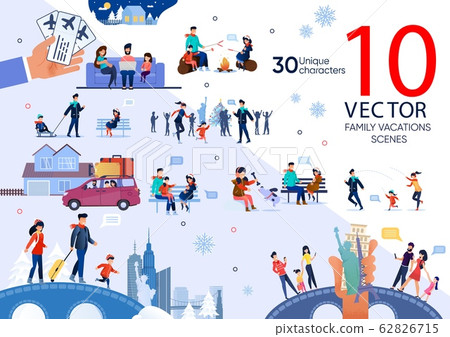 Family Happy Winter Holidays Flat Vector Scene Set Family Happy Winter Holidays Flat Vector Scene Set 62826715