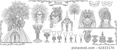 Carnival in Venice. Traditional costume, venetian glass. Masks and elements. 62833170