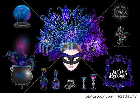 Young woman witch with cauldron, magician plants and animals Young woman witch with cauldron, magician plants and animals 62833178