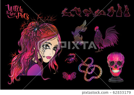 Young woman witch with her mystical pets and human skull. 62833179