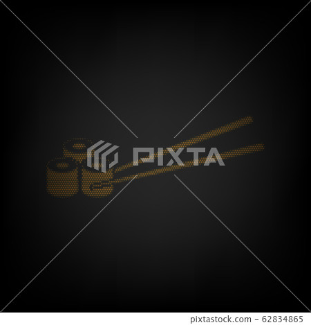 Sushi logo, Japanese sushi roll sign. Icon as grid of small orange light bulb in darkness. Illustration. Sushi logo, Japanese sushi roll sign. Icon as grid of small orange light bulb in darkness. Illustration. 62834865