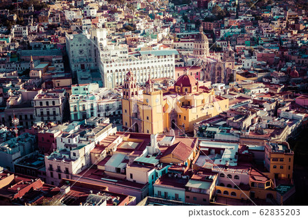 Guanajuato City historic center. Colorful homes built on hillside. Guanajuato State, Mexico. Guanajuato City historic center. Colorful homes built on hillside. Guanajuato State, Mexico. 62835203