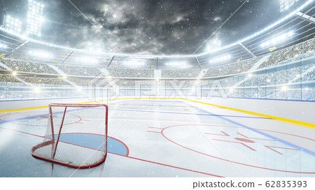 Hockey stadium at night. Arena illuminated by spotlights. Empty sport rink. Hockey stadium at night under the moonlight. Empty field. Wide angle 62835393