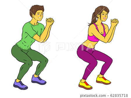 Fitness instructor men and women set to squat 62835718