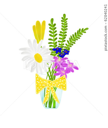 Bright spring flowers in vase with gift bow. Happy, cheerful illustration isolated on white. Design graphic for gift card, mother's day card, thank you card.  62840241