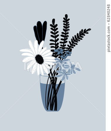 Elegant and minimal flat color illustration of flowers in vase. Blue grey illustration art print or home decor. Minimalist lifestyle icon. 62840248