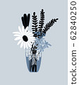 Flat color illustration of flowers in vase with a lace bow. Elegant and sophisticated gift flowers for birthday, anniversary or celebration. Blue grey illustration art print. Flat color illustration of flowers in vase with a lace bow. Elegant and sophisticated gift flowers for birthday, anniversary or celebration. Blue grey illustration art print. 62840250