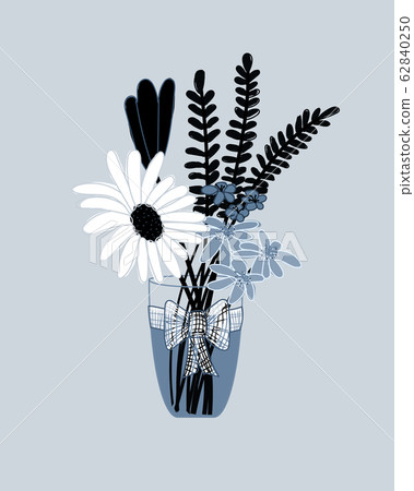Flat color illustration of flowers in vase with a lace bow. Elegant and sophisticated gift flowers for birthday, anniversary or celebration.  Blue grey illustration art print. 62840250